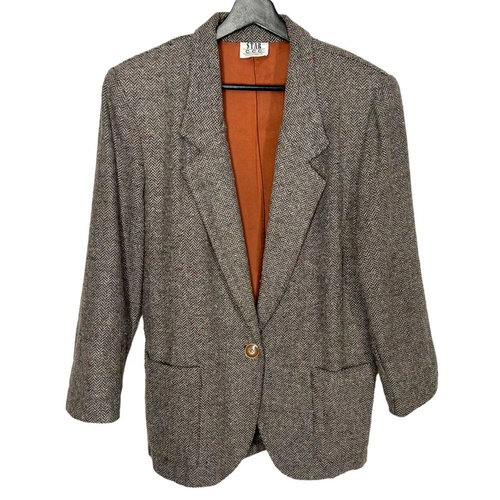 Vintage 90s Grey Wool Blend Micro Herringbone Pattern Single Button Blazer Mediu